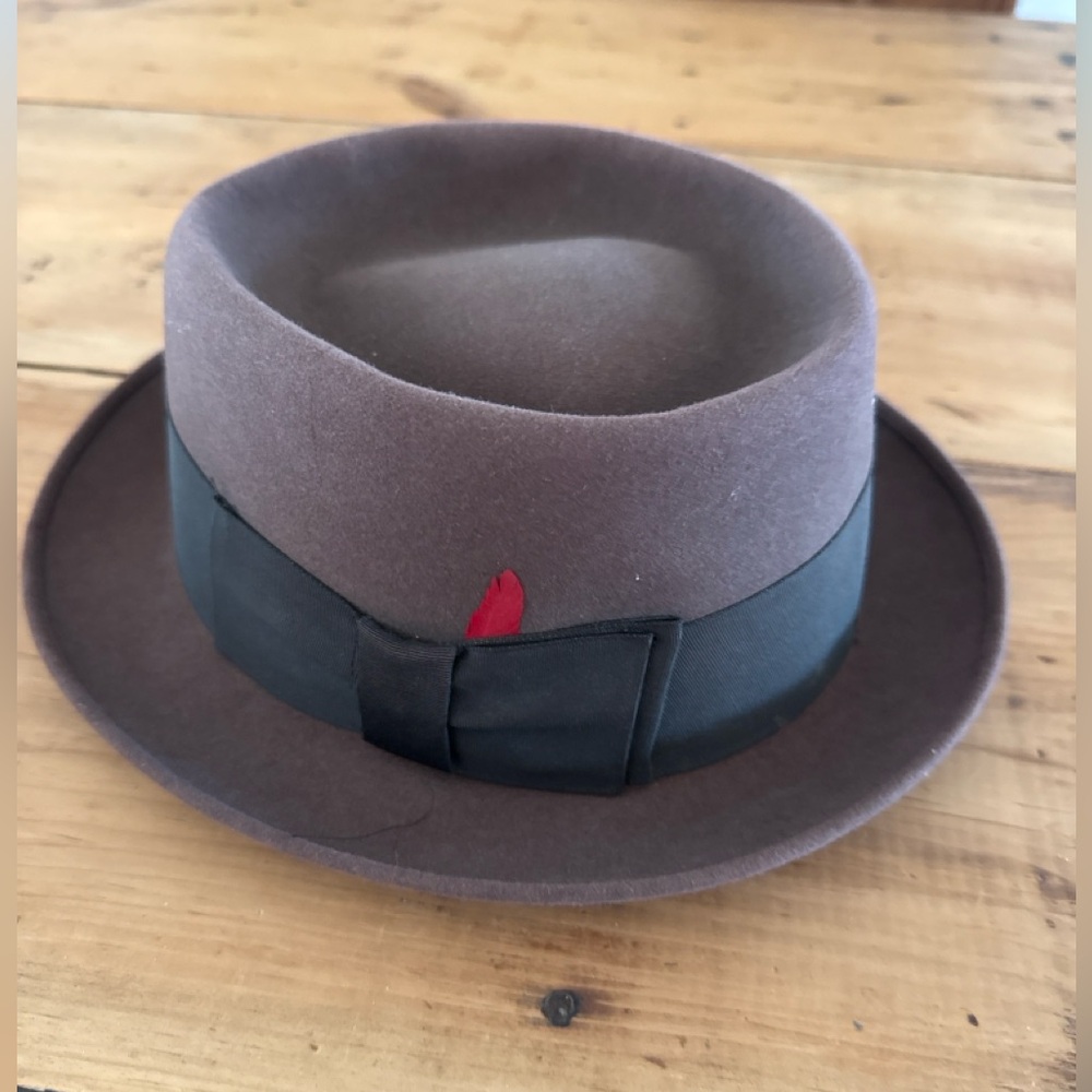 McAllister Brown Wool Felt Pork Pie Hat w/ Ribbon Band & Feather